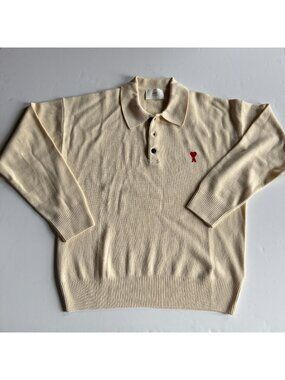 AMI Paris Cream Wool Knit Polo Sweater - Men's US XL